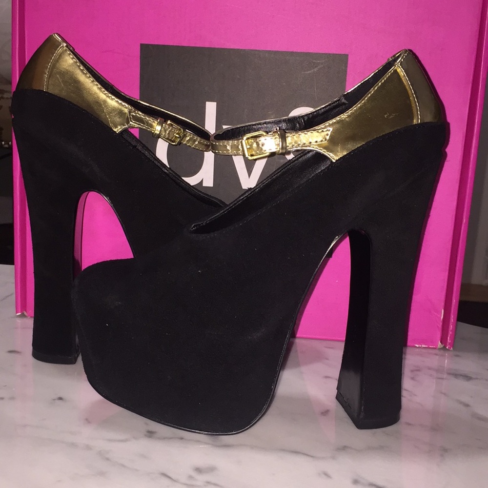 dv8 Platform Black Suede Gold Trim Mary Janes